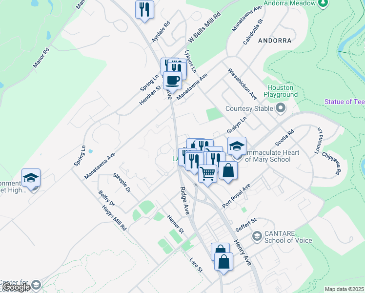 map of restaurants, bars, coffee shops, grocery stores, and more near 700 Grakyn Lane in Philadelphia
