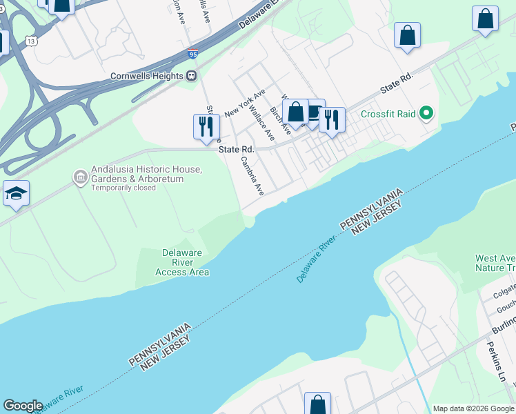 map of restaurants, bars, coffee shops, grocery stores, and more near 2043 River Road in Bensalem
