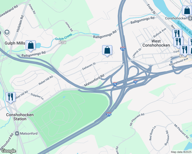 map of restaurants, bars, coffee shops, grocery stores, and more near 1138 Matsonford Road in Conshohocken