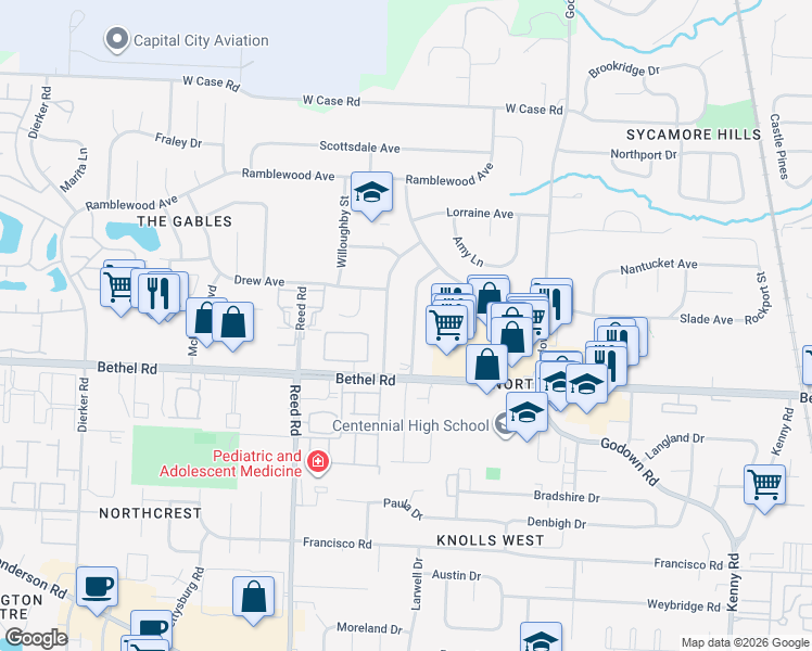 map of restaurants, bars, coffee shops, grocery stores, and more near 5270 Hollister Street in Columbus