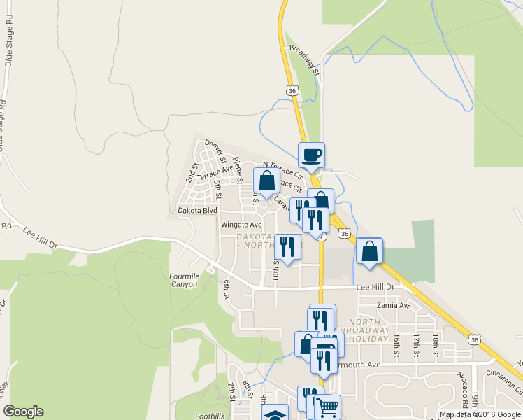 map of restaurants, bars, coffee shops, grocery stores, and more near 4948 Fountain Street in Boulder