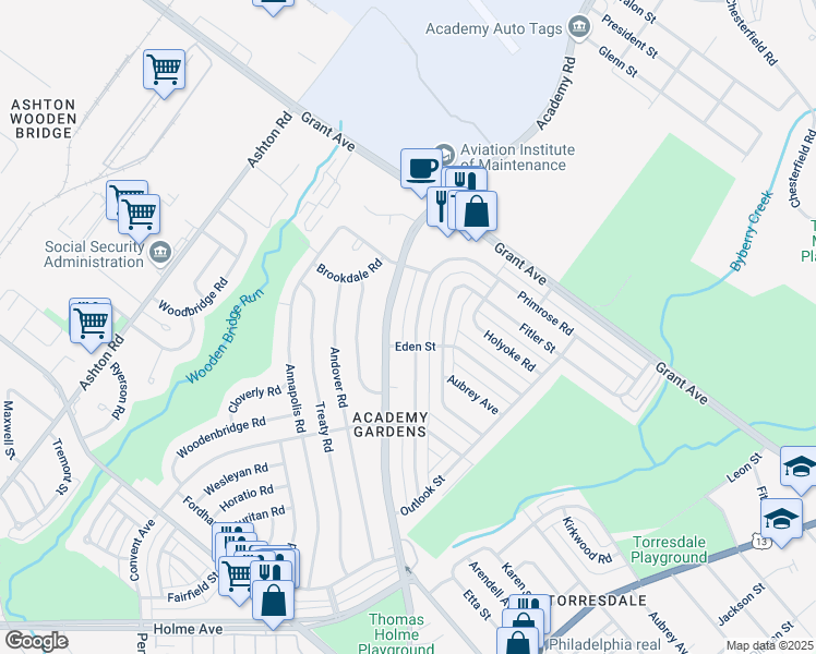 map of restaurants, bars, coffee shops, grocery stores, and more near 9401 Academy Road in Philadelphia