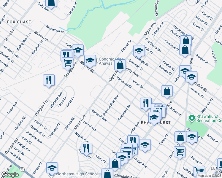 map of restaurants, bars, coffee shops, grocery stores, and more near 7960 Langdon Street in Philadelphia