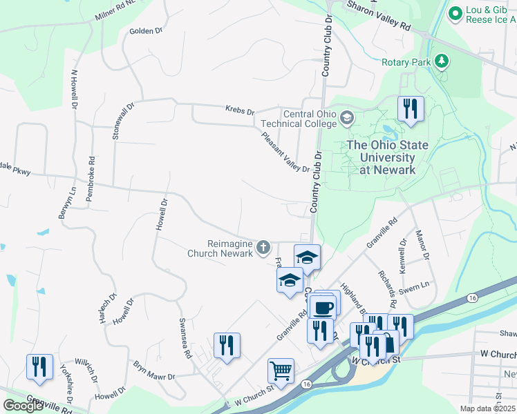 map of restaurants, bars, coffee shops, grocery stores, and more near 1420 Londondale Parkway in Newark