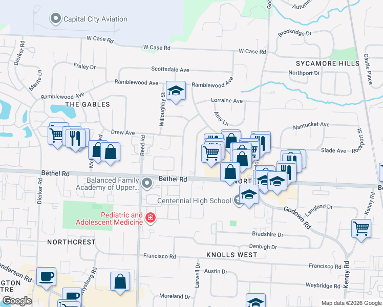 map of restaurants, bars, coffee shops, grocery stores, and more near 5270 Hollister Street in Columbus
