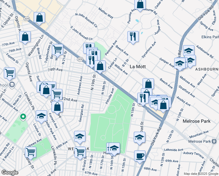 map of restaurants, bars, coffee shops, grocery stores, and more near 7341 North Bouvier Street in Philadelphia