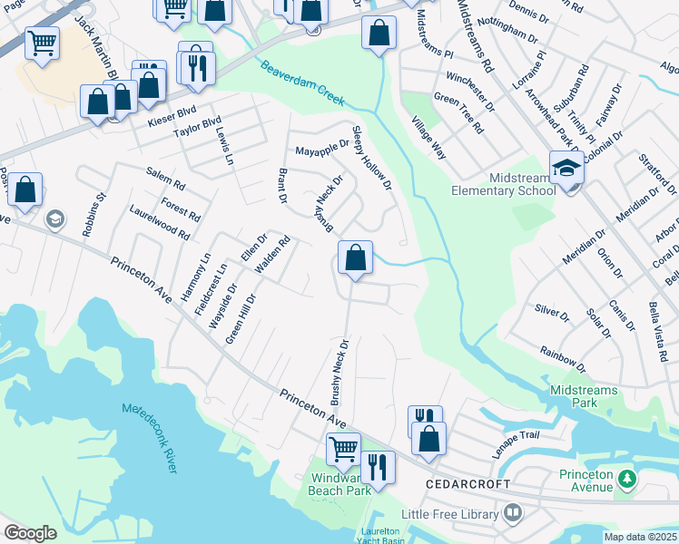 map of restaurants, bars, coffee shops, grocery stores, and more near 19 Mallard Drive in Brick