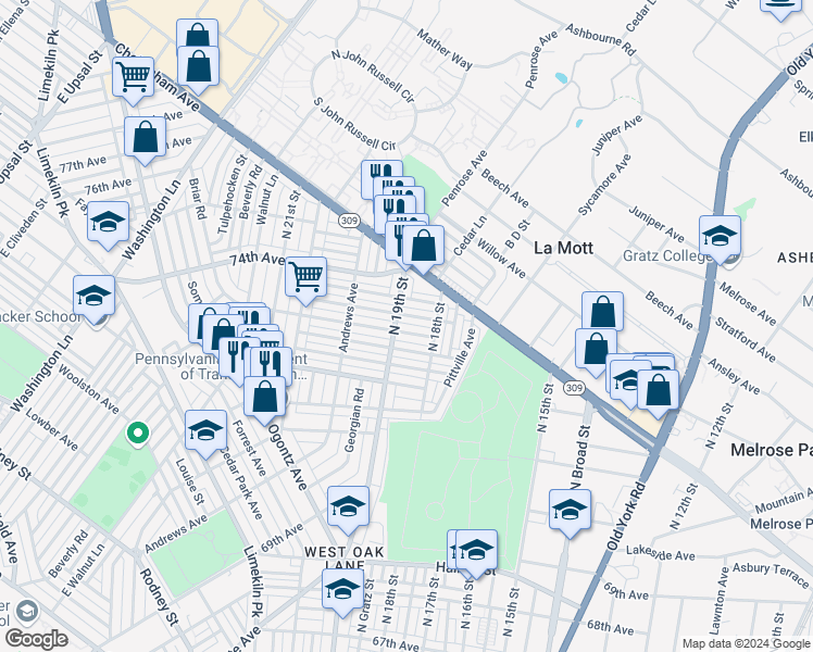 map of restaurants, bars, coffee shops, grocery stores, and more near 1835 73rd Avenue in Philadelphia