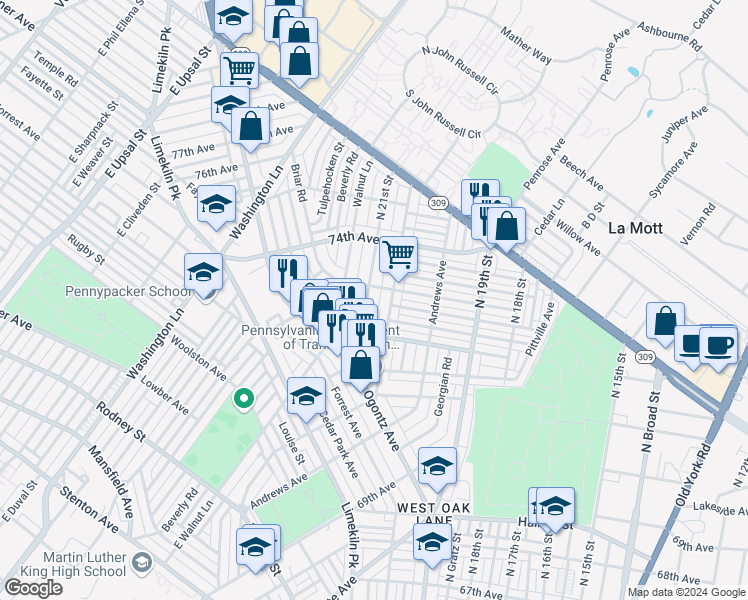 map of restaurants, bars, coffee shops, grocery stores, and more near 7253 North 21st Street in Philadelphia
