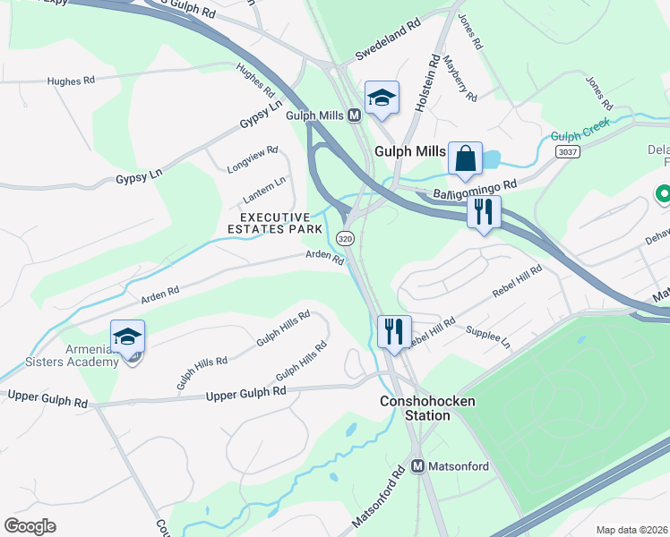 map of restaurants, bars, coffee shops, grocery stores, and more near 119 Arden Road in Conshohocken