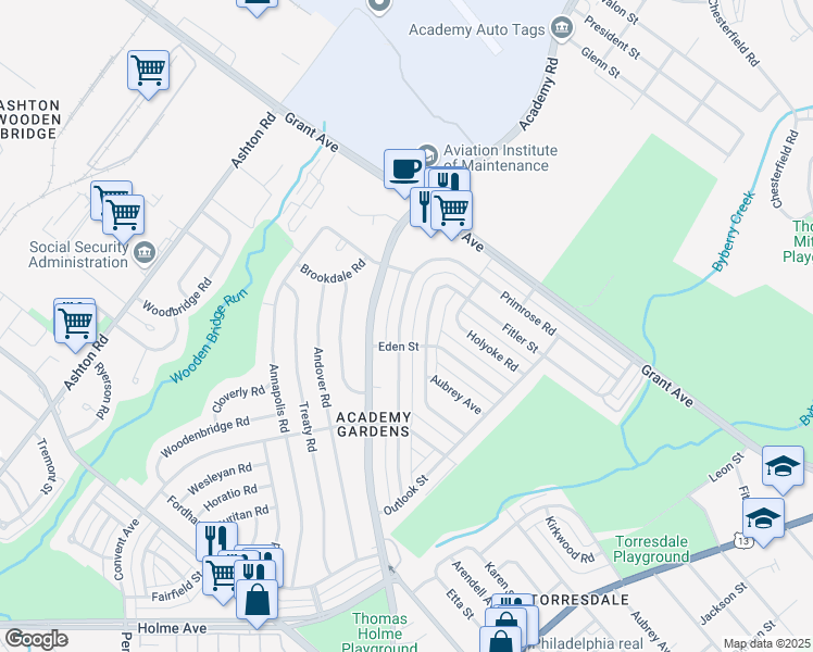 map of restaurants, bars, coffee shops, grocery stores, and more near 9413 Lansford Street in Philadelphia