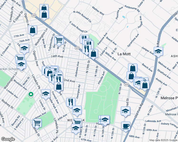 map of restaurants, bars, coffee shops, grocery stores, and more near 1839 73rd Avenue in Philadelphia