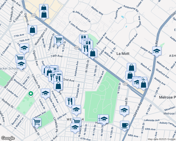 map of restaurants, bars, coffee shops, grocery stores, and more near 1841 73rd Avenue in Philadelphia