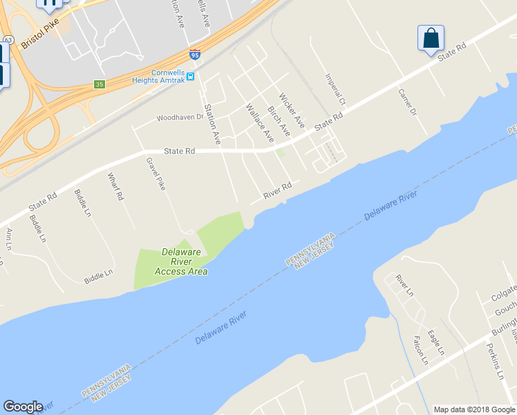 map of restaurants, bars, coffee shops, grocery stores, and more near 2043 River Road in Bensalem