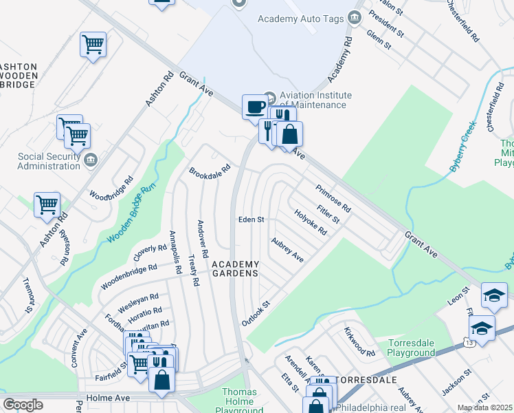 map of restaurants, bars, coffee shops, grocery stores, and more near 9415 Lansford Street in Philadelphia