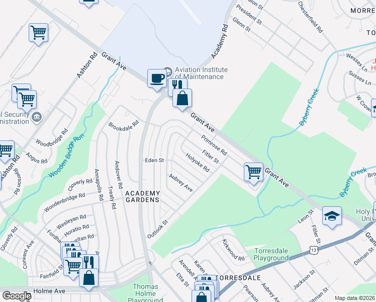 map of restaurants, bars, coffee shops, grocery stores, and more near 3417 Eden Street in Philadelphia
