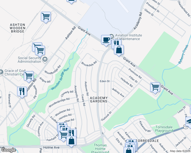 map of restaurants, bars, coffee shops, grocery stores, and more near 9328 Academy Road in Philadelphia