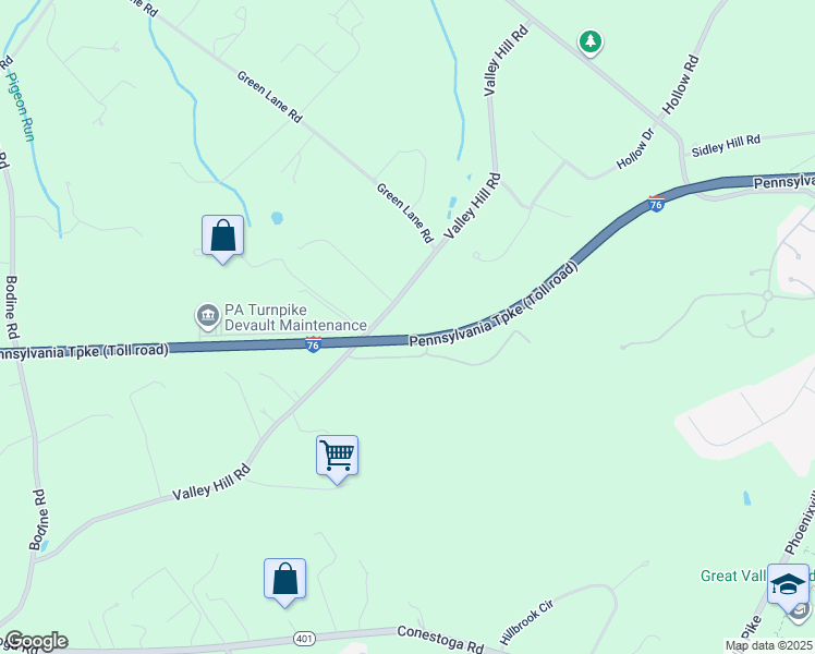 map of restaurants, bars, coffee shops, grocery stores, and more near 2236 Valley Hill Road in Malvern