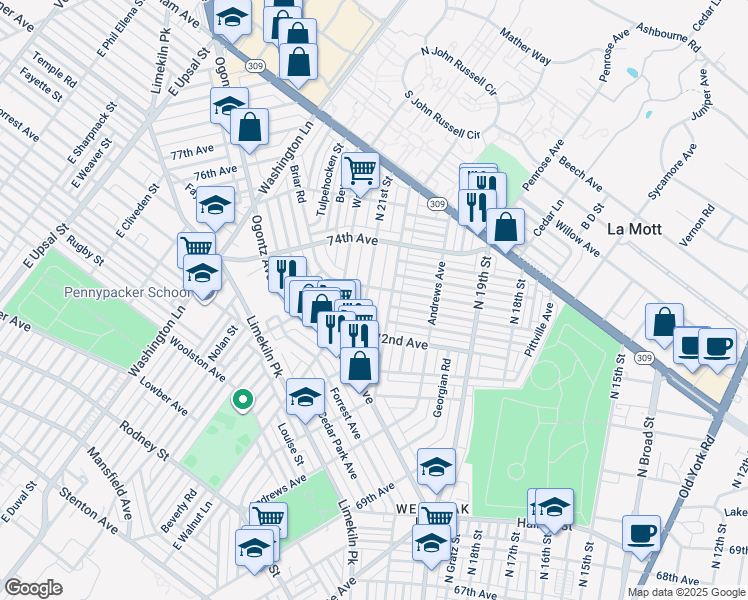 map of restaurants, bars, coffee shops, grocery stores, and more near 7224 North 20th Street in Philadelphia
