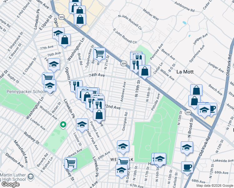 map of restaurants, bars, coffee shops, grocery stores, and more near 1976 Elston Street in Philadelphia