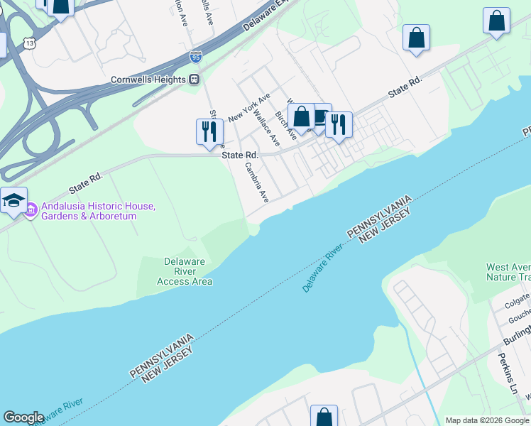 map of restaurants, bars, coffee shops, grocery stores, and more near 2043 River Road in Bensalem