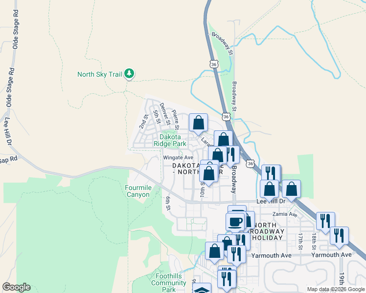 map of restaurants, bars, coffee shops, grocery stores, and more near 635 Dakota Boulevard in Boulder
