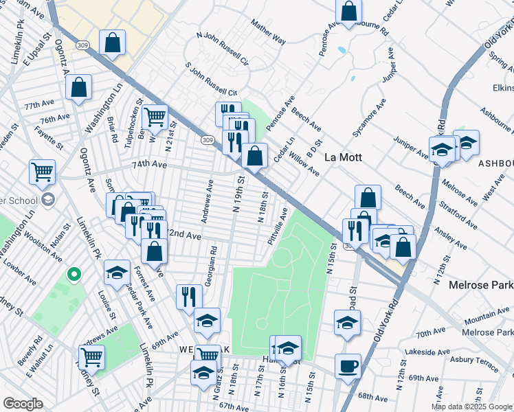 map of restaurants, bars, coffee shops, grocery stores, and more near 7249 North 18th Street in Philadelphia