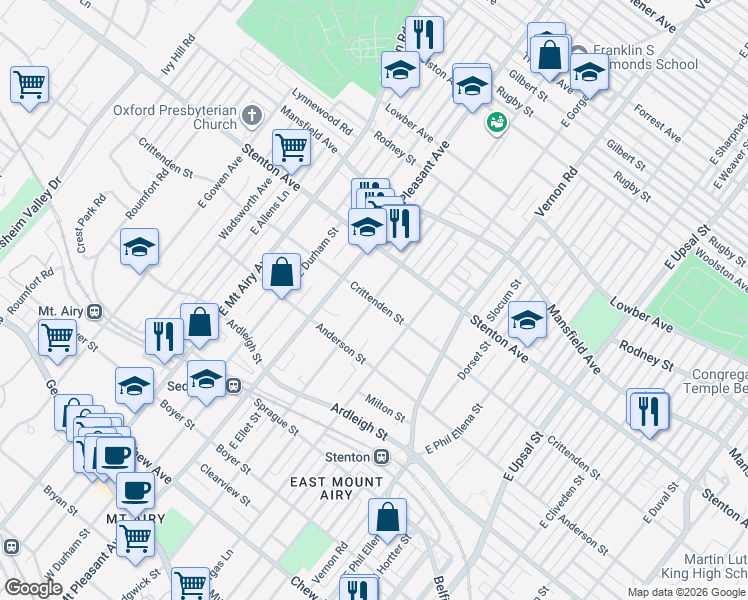map of restaurants, bars, coffee shops, grocery stores, and more near Crittenden Street in Philadelphia