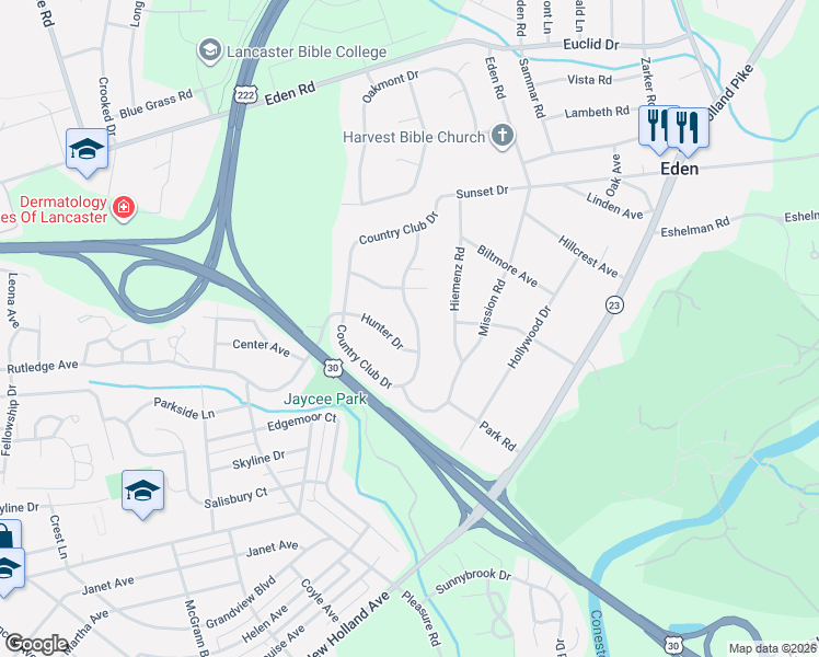 map of restaurants, bars, coffee shops, grocery stores, and more near 1360 Hunter Drive in Lancaster