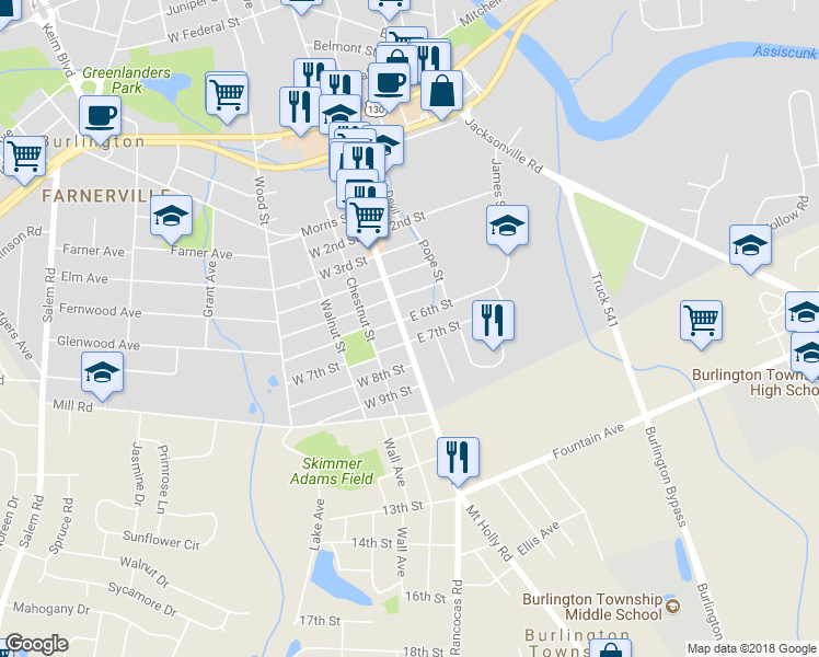 map of restaurants, bars, coffee shops, grocery stores, and more near 1211 High Street in Burlington