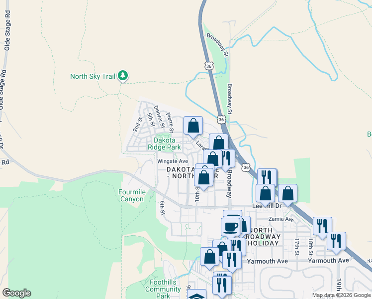 map of restaurants, bars, coffee shops, grocery stores, and more near 4948 Fountain Street in Boulder