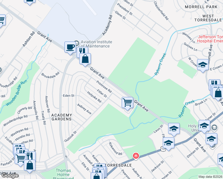 map of restaurants, bars, coffee shops, grocery stores, and more near 3549 Primrose Road in Philadelphia