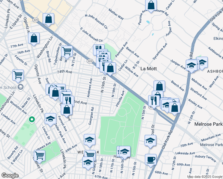 map of restaurants, bars, coffee shops, grocery stores, and more near 7249 North 18th Street in Philadelphia
