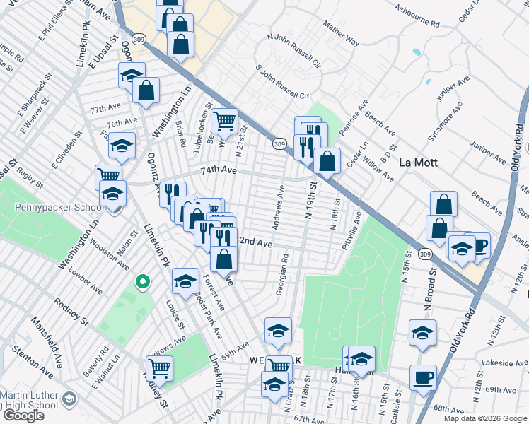 map of restaurants, bars, coffee shops, grocery stores, and more near 1976 Elston Street in Philadelphia