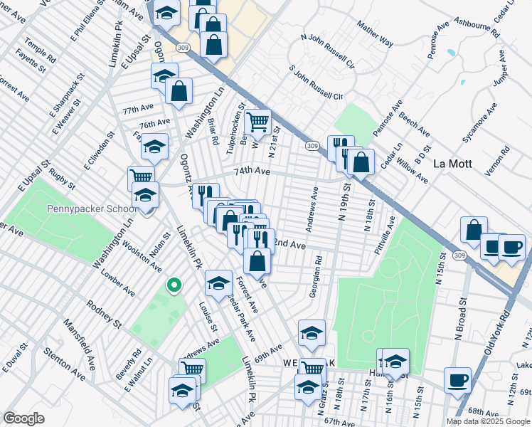 map of restaurants, bars, coffee shops, grocery stores, and more near 7224 North 20th Street in Philadelphia