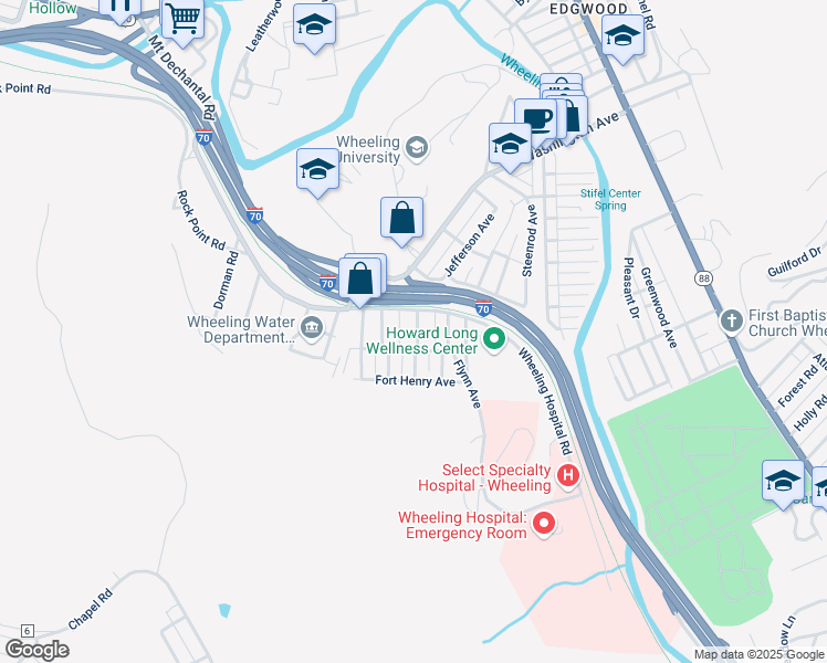 map of restaurants, bars, coffee shops, grocery stores, and more near 1081-1097 Flynn Avenue in Wheeling