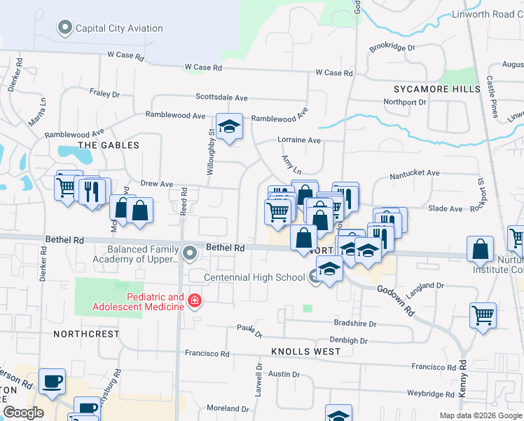 map of restaurants, bars, coffee shops, grocery stores, and more near 5270 Portland Street in Columbus