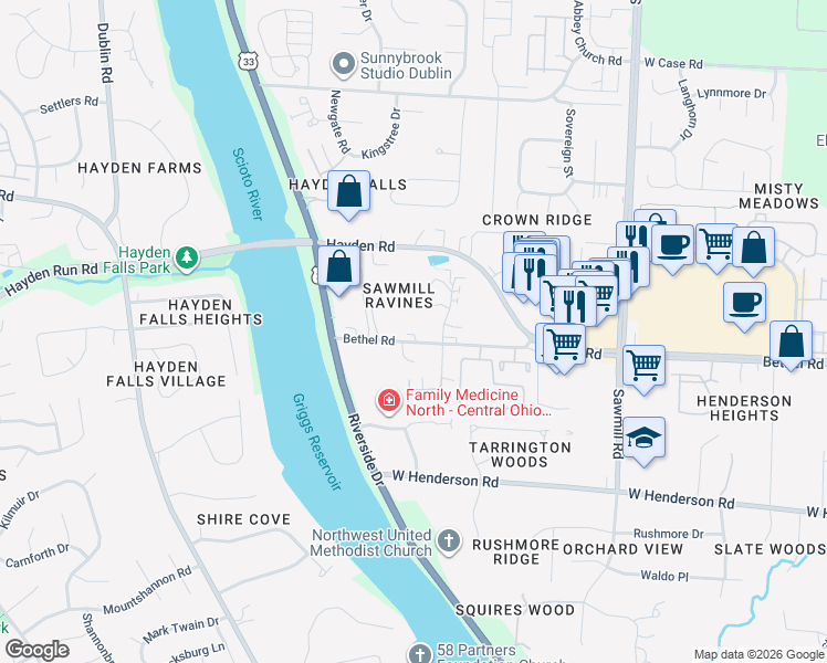 map of restaurants, bars, coffee shops, grocery stores, and more near 5414 Bennington Woods Court in Columbus