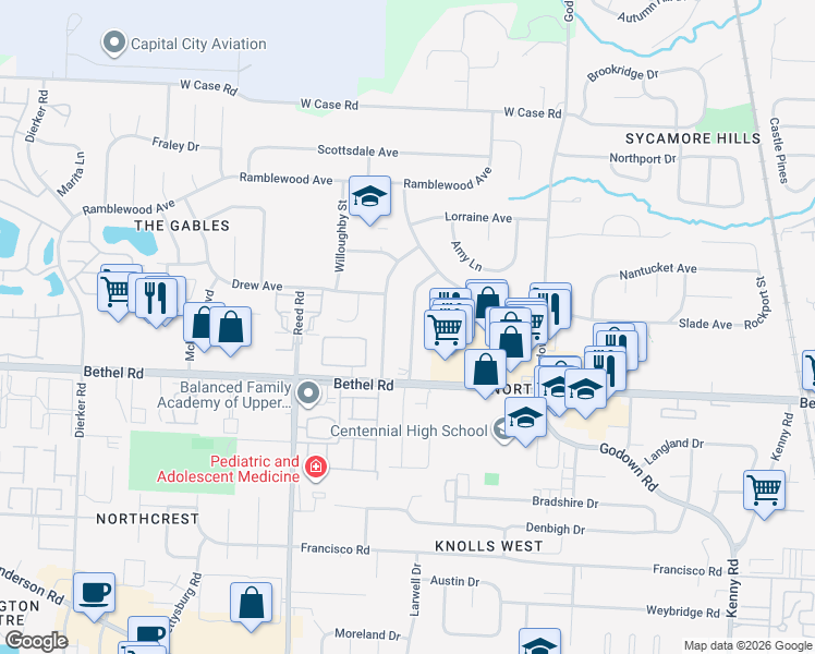 map of restaurants, bars, coffee shops, grocery stores, and more near 5285 Portland Street in Columbus