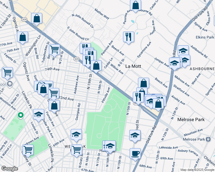 map of restaurants, bars, coffee shops, grocery stores, and more near 7342 Pittville Avenue in Philadelphia