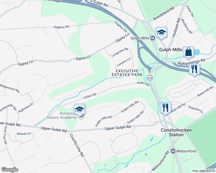 map of restaurants, bars, coffee shops, grocery stores, and more near 245 Arden Road in Conshohocken