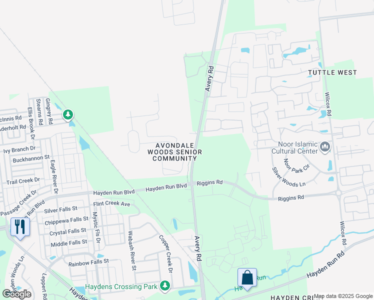 map of restaurants, bars, coffee shops, grocery stores, and more near 5215 Avery Road in Dublin