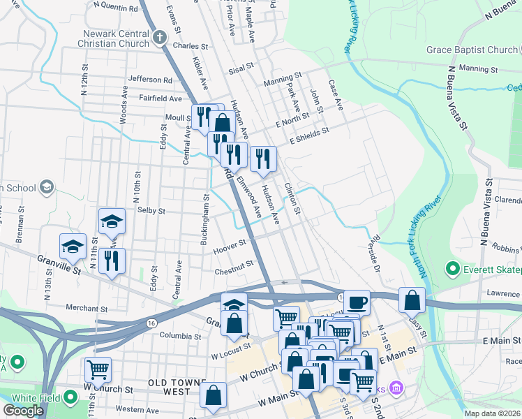 map of restaurants, bars, coffee shops, grocery stores, and more near 262 Elmwood Avenue in Newark