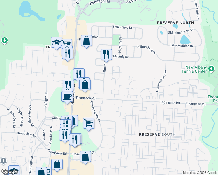 map of restaurants, bars, coffee shops, grocery stores, and more near 4139 Windsor Bridge Place in New Albany