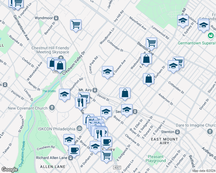map of restaurants, bars, coffee shops, grocery stores, and more near 218 East Gowen Avenue in Philadelphia