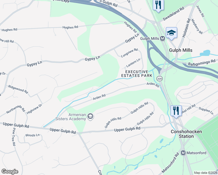 map of restaurants, bars, coffee shops, grocery stores, and more near 300 Arden Road in Conshohocken