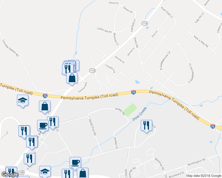 map of restaurants, bars, coffee shops, grocery stores, and more near 2302 Bridgewater Court in Chester Springs