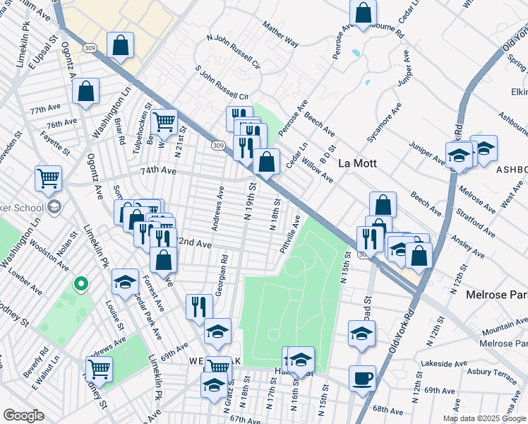 map of restaurants, bars, coffee shops, grocery stores, and more near 1816 Ashley St in Philadelphia