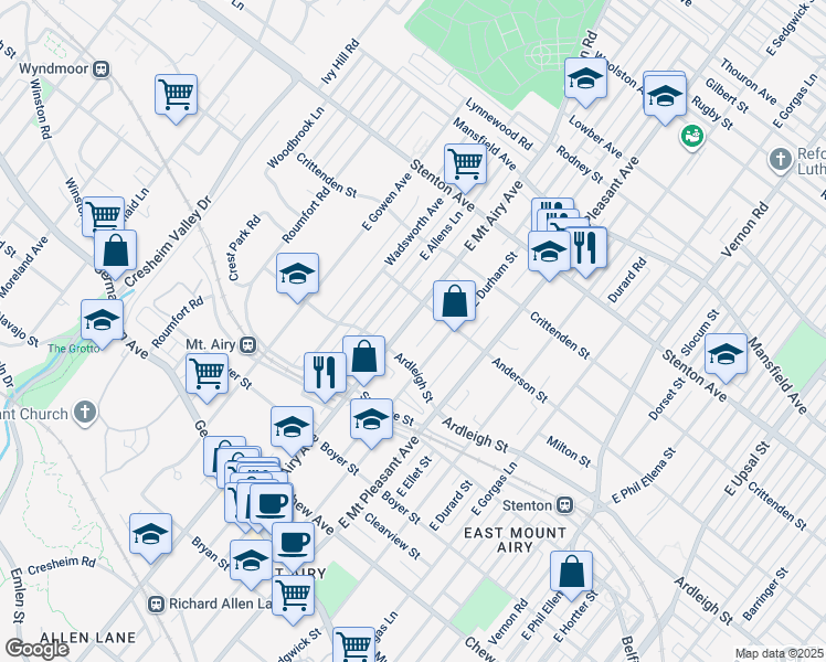 map of restaurants, bars, coffee shops, grocery stores, and more near 422 East Mount Airy Avenue in Philadelphia