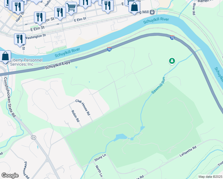 map of restaurants, bars, coffee shops, grocery stores, and more near 1140 Ginkgo Lane in Gladwyne